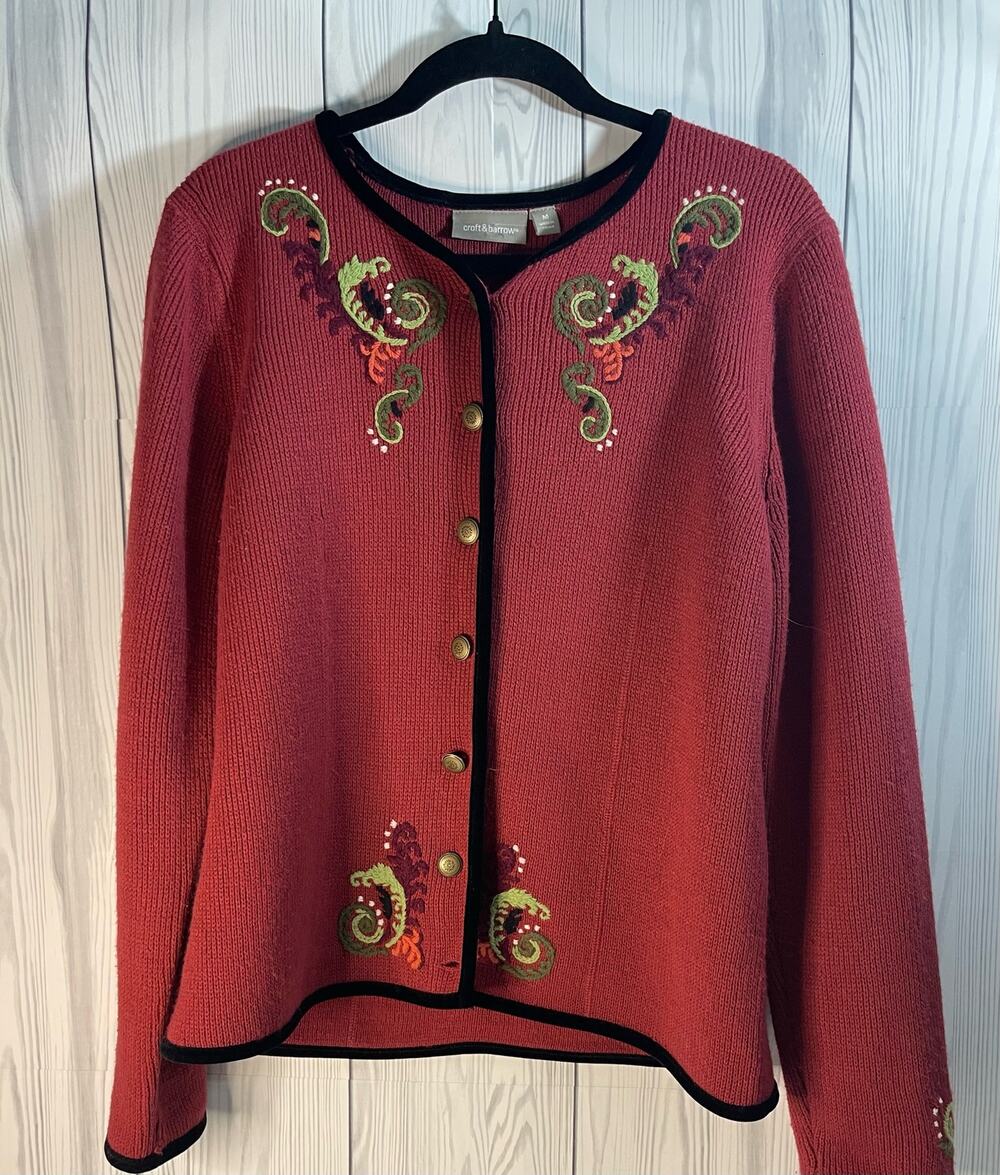 Croft & Barrow Wool Blend Button Embroidered Cardigan Women Medium Red (READ)